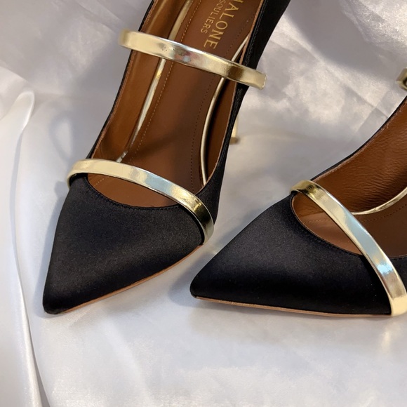 Malone Souliers Robyn 100 Black Satin Ankle Strap Pumps - Picture 3 of 15